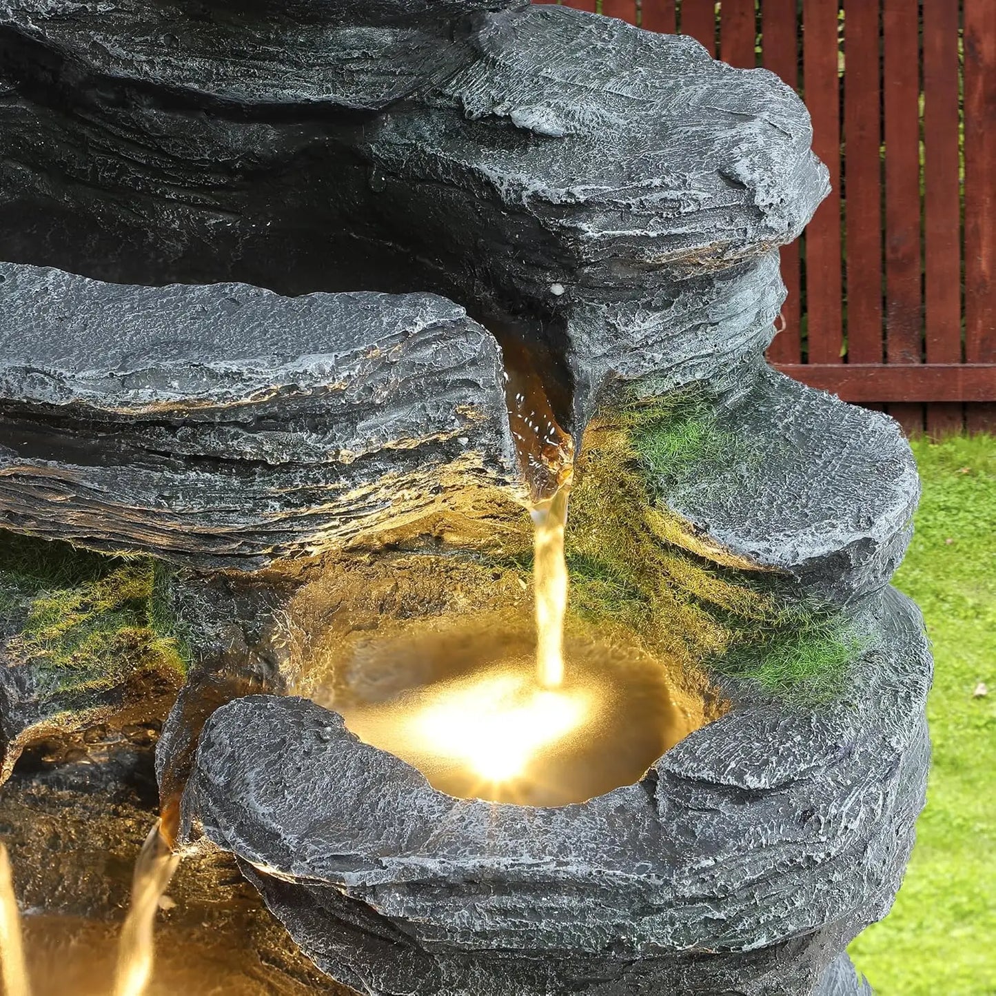 Garden Fountains Outdoor, 7-Tiers Cascading Rock Water Fountain, 24.4" H Waterfall Fountain Indoor with 6 LED Lights, Custom