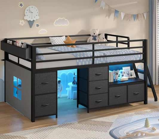 Low Loft Bed Twin Size with 7 Storage Drawers, Bookcase and LED Lights, Metal Kids Loft Bed with 14" H Safety Guardrail,Inclined