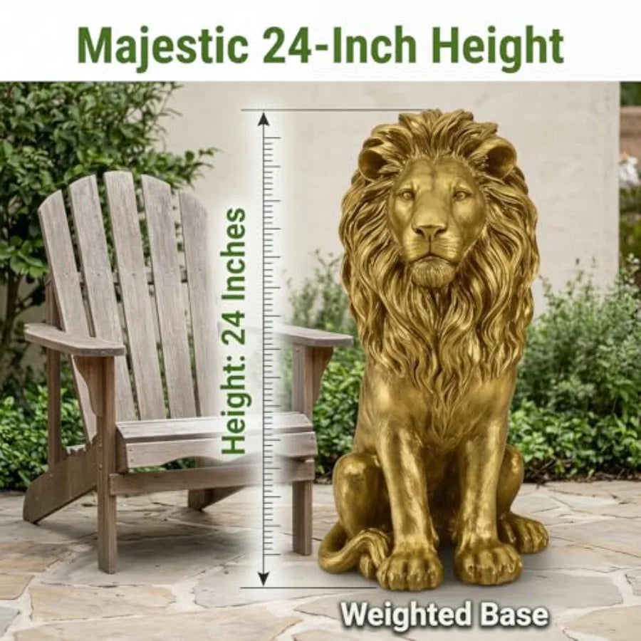 24" Majestic Lion Garden Statue - Regal Guardian Sculpture for Front Entry and Patio, Golden Resin Lion with Weighted Base for