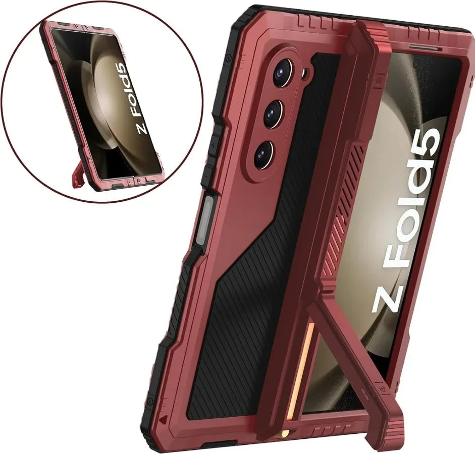 3 Layers Heavy Duty Metal Phone Case For Samsung Z Fold 7 6 5 4 Shockproof Aluminium Silicone Cover With Stand Screen Soft Film