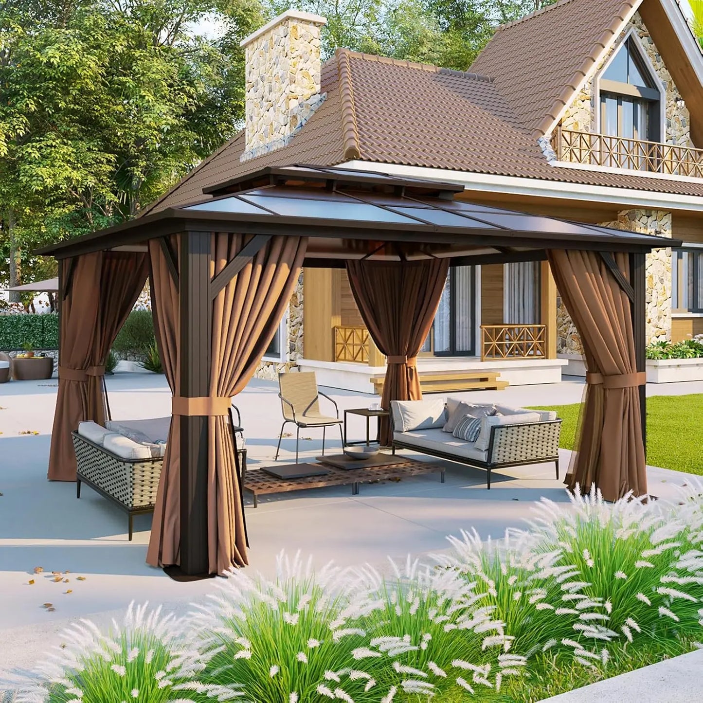 12'x10' Hardtop Gazebo, Aluminum Frame Permanent Pavilion with Curtains and Netting, Outdoor Polycarbonate Double Roof Canopy