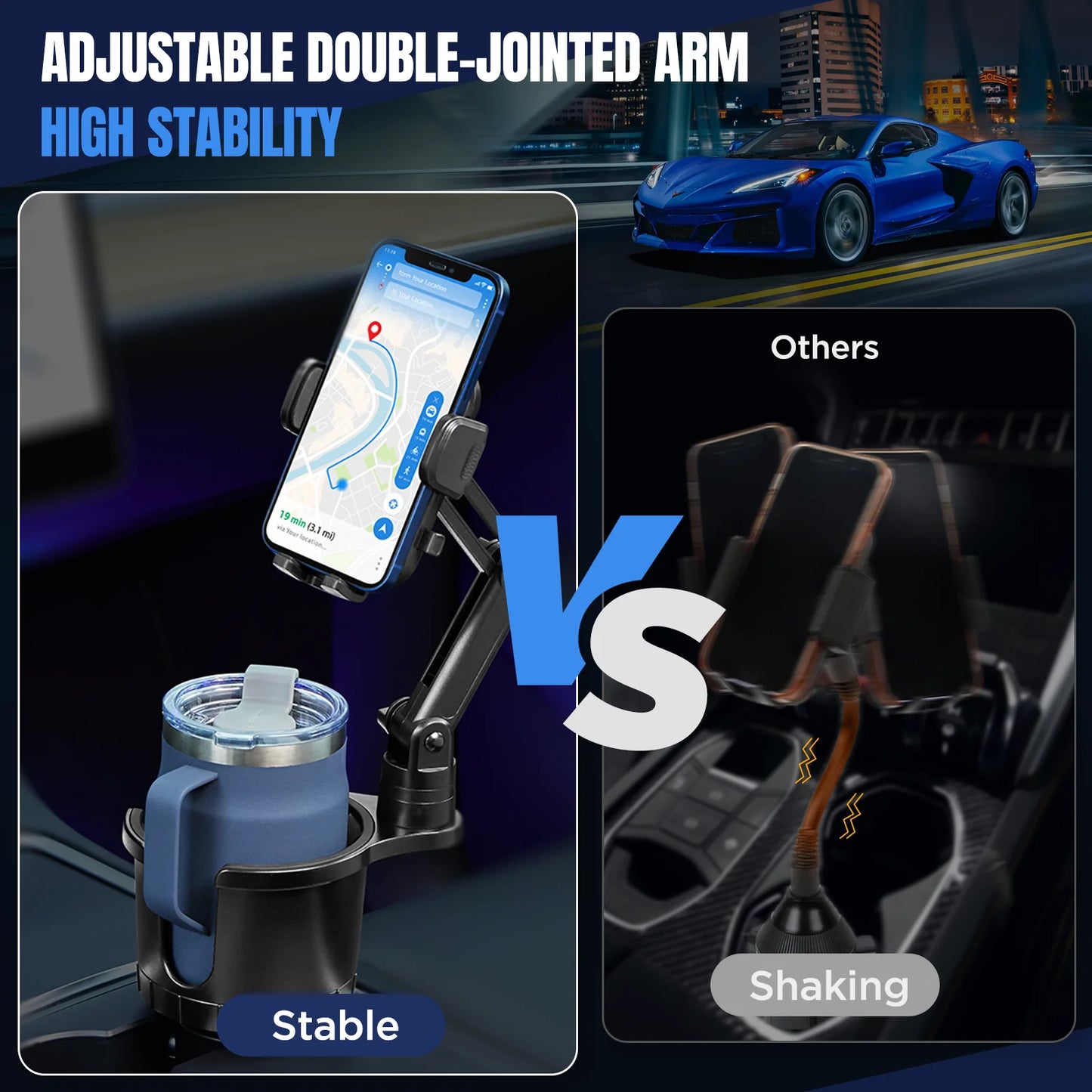 Car Cup Holder Phone Mount 360° Rotatable 2 in 1 Universal Cup Holder For iPhone Samsung Smartphones with Adjustable Base