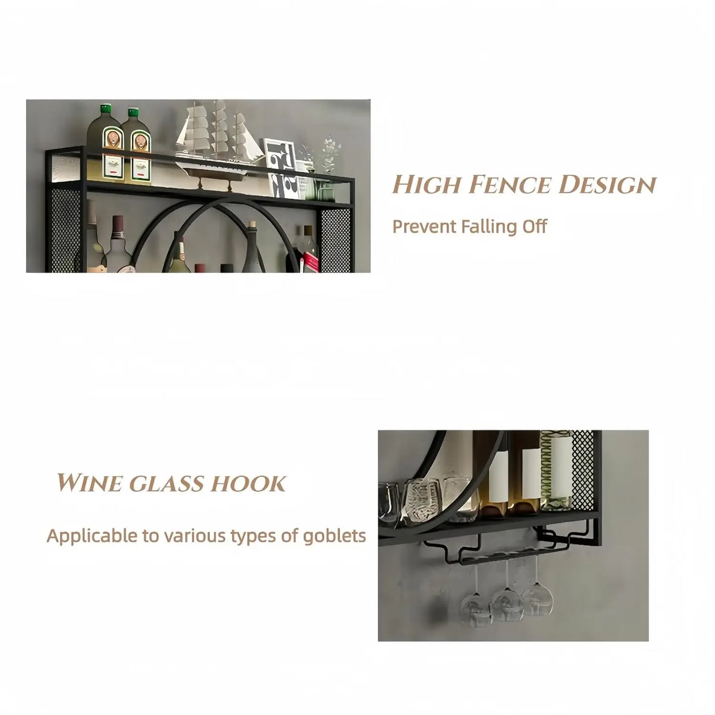39 Inch Metal Wall Mounted Wine Rack, 3 Tier Bar Shelves with Glass Holder, Large Capacity Modern