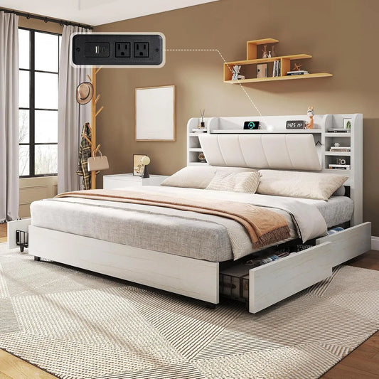 Queen Storage Bed Frame Charging Station Bookcase Headboard Hidden 4 Drawers Upholstered No Box Spring White, Customized
