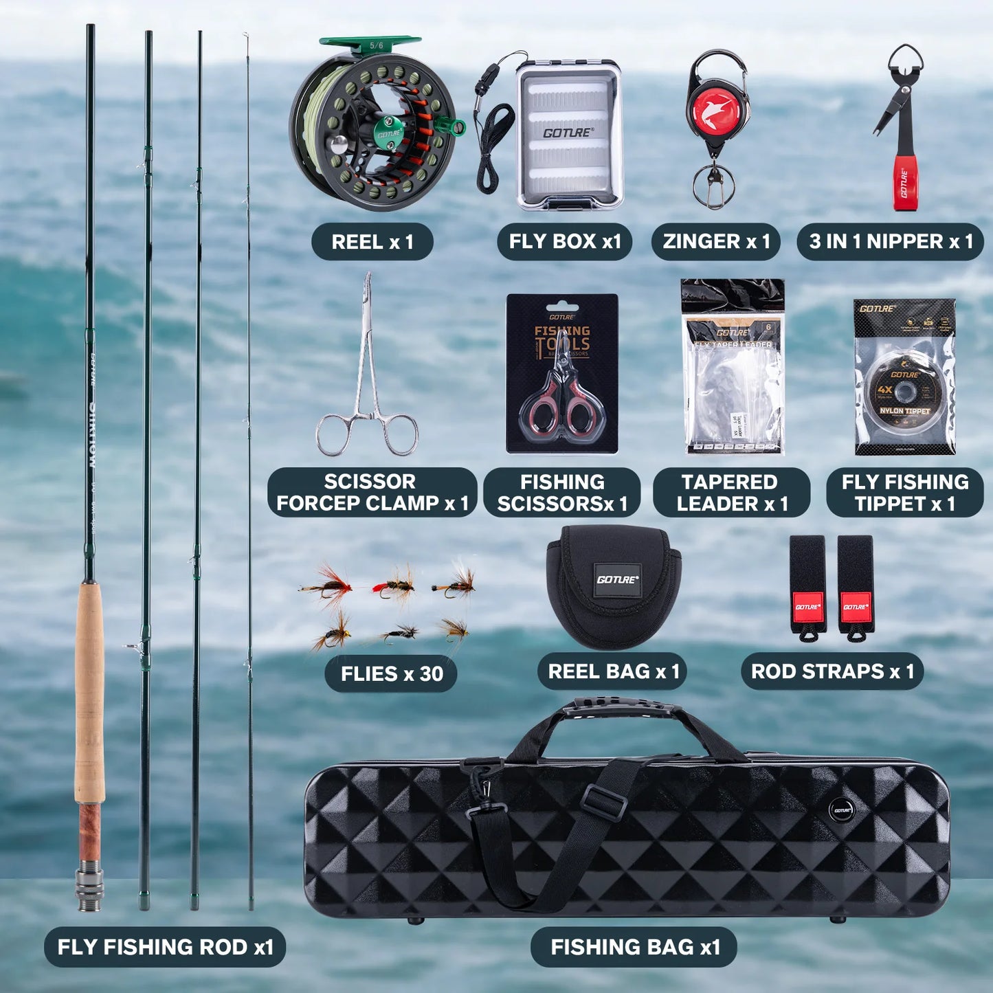Goture 4-Piece Fly Rod Set Combo with Fly Rod & Gear Case,Pre-Spooled Reel, Fly Line, Flies, Leader, Tippet, Forceps, Nipper Kit
