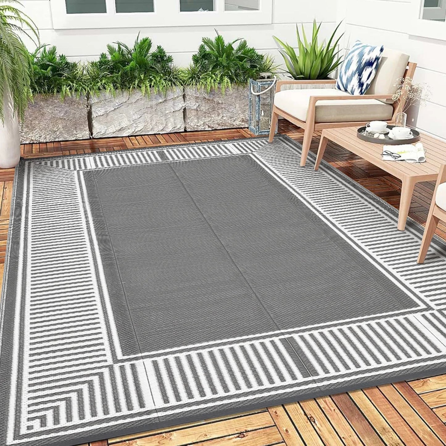 Reversible Outdoor Area Rug- Washable Plastic Geometric Mat  -Portable RV Camping Mat with Carry Bag & Stakes for Patio Porch