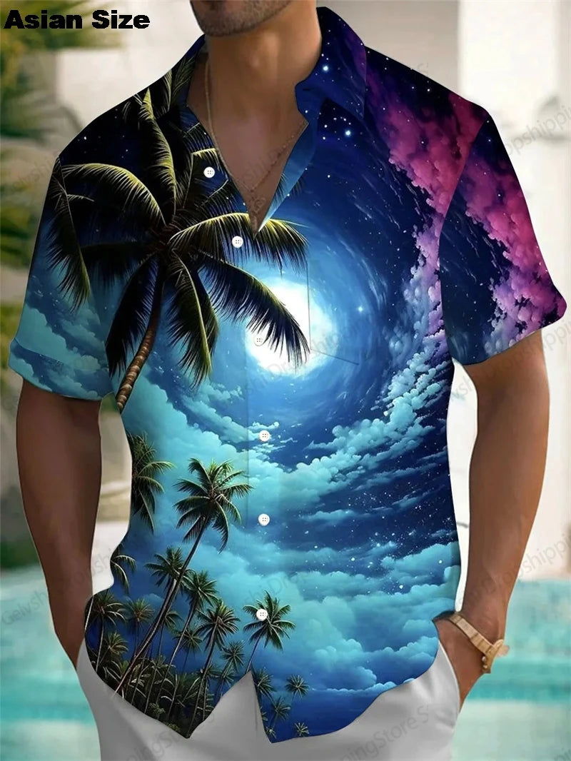 2025 Moon Star Hawaiian Shirt Men Women Fashion Casual Hawaiian Sea Shirts Short Sleeve Button Blouse Festive Holiday Tops