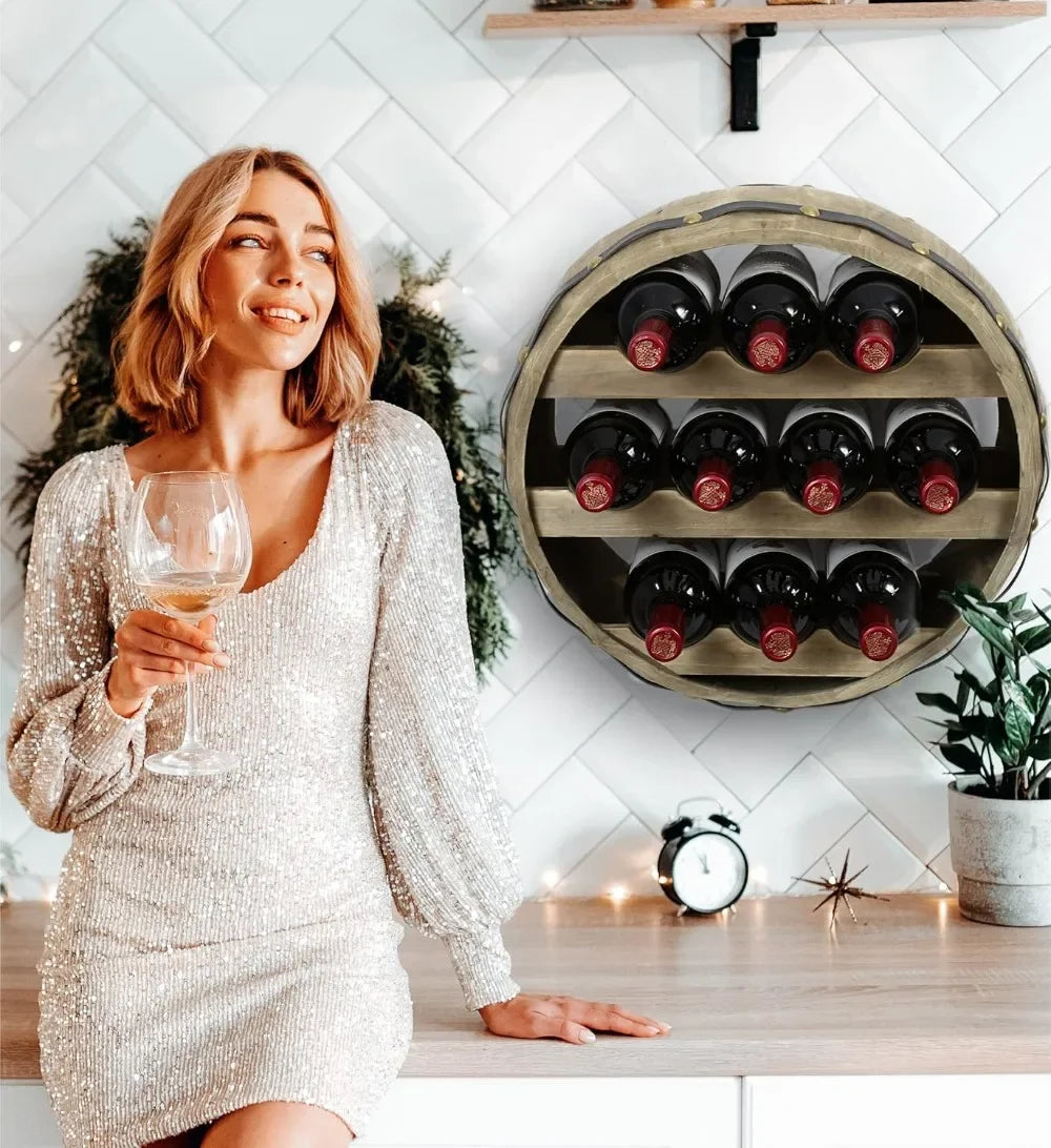 Wall Mounted Barrel Wine Rack for 10 Bottles, Natural Wood Industrial Wine Holder, Rustic Wine Storage Shelf for Kitchen Bar