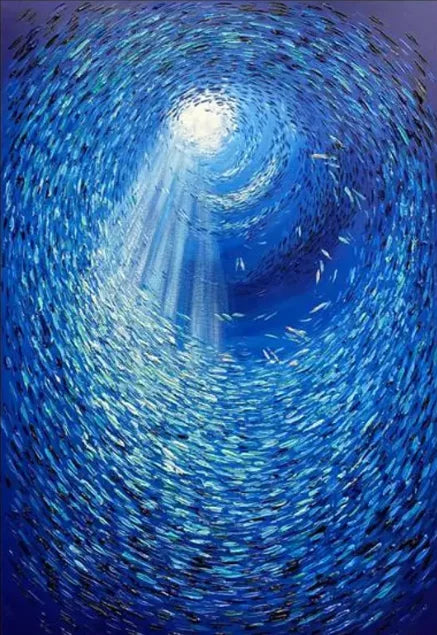 Abstract Large Blue School Of Fish Canvas Painting 3D Texture Underwater World Fish School Art Posters Prints Modern Home Decor