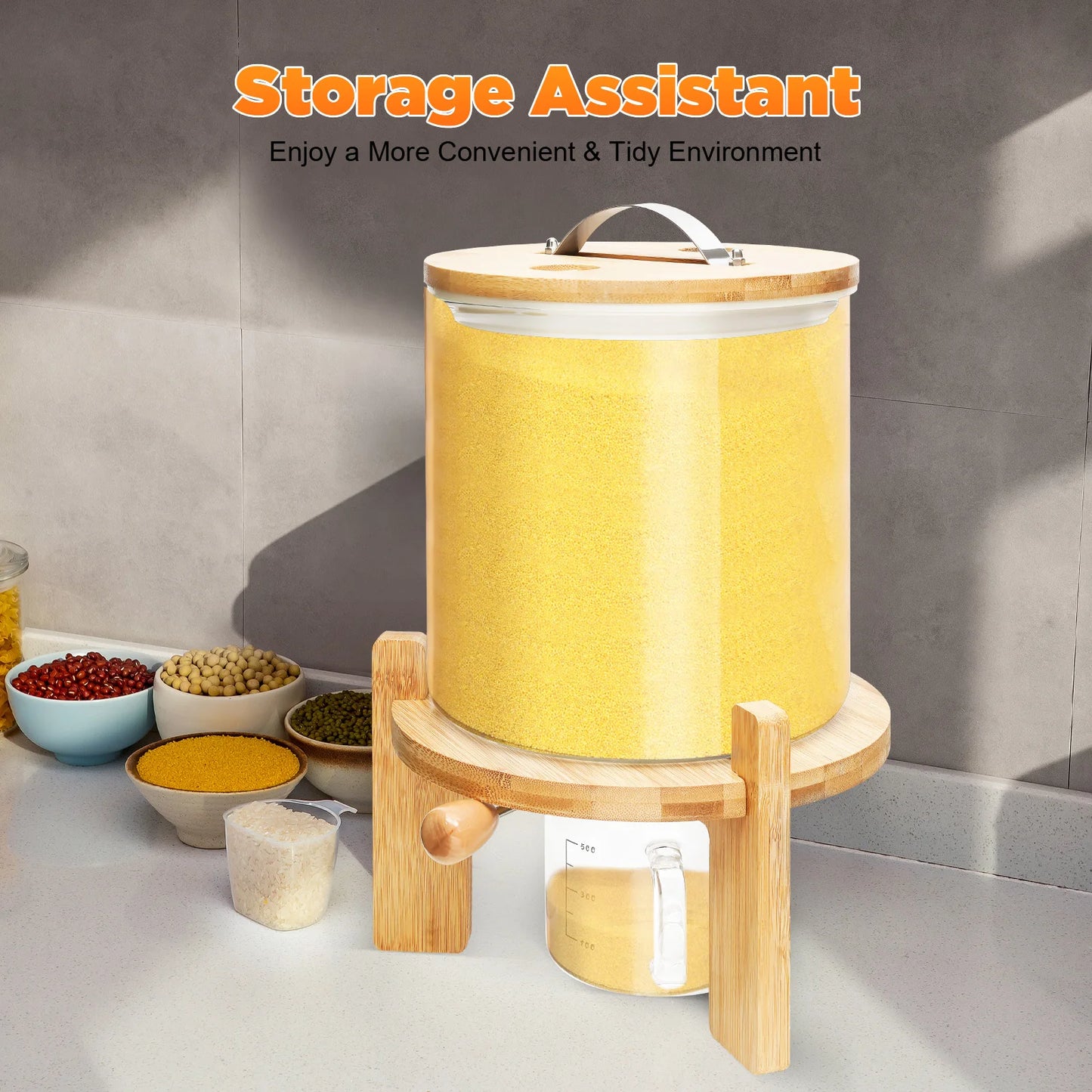 Capacity Airtight Glass Dry Food Storage, Container Cereal Rice Dispenser w/Round Bamboo Lids & Cup & Stand (5 L)