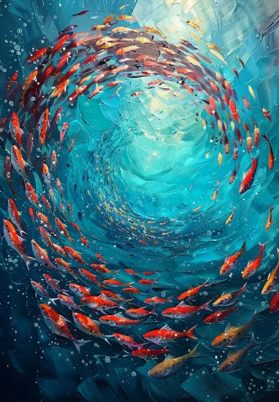 Abstract Large Blue School Of Fish Canvas Painting 3D Texture Underwater World Fish School Art Posters Prints Modern Home Decor