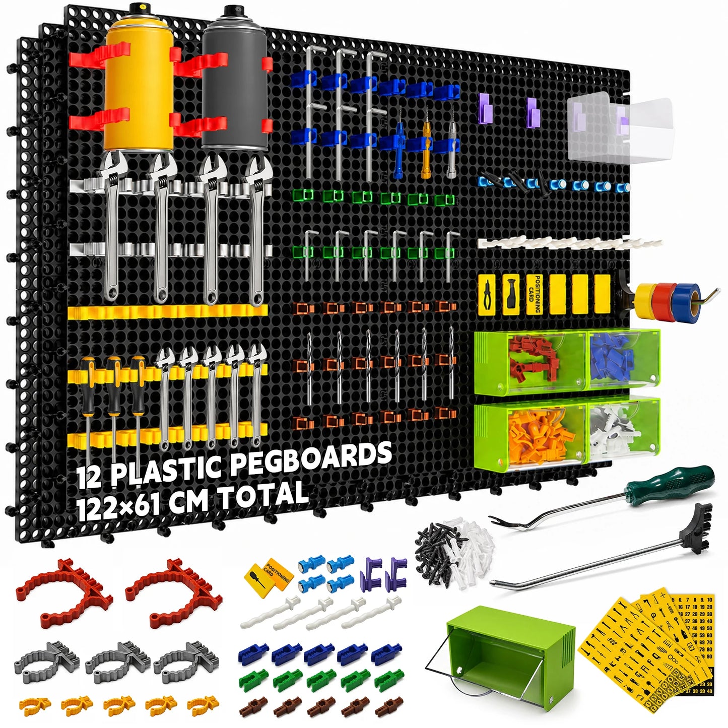 Plastic Pegboard Wall Organizer Kit, 12 Black Panels 121x 61cm,428 Accessories with Hooks, Clips, Modular Tool Storage Board for