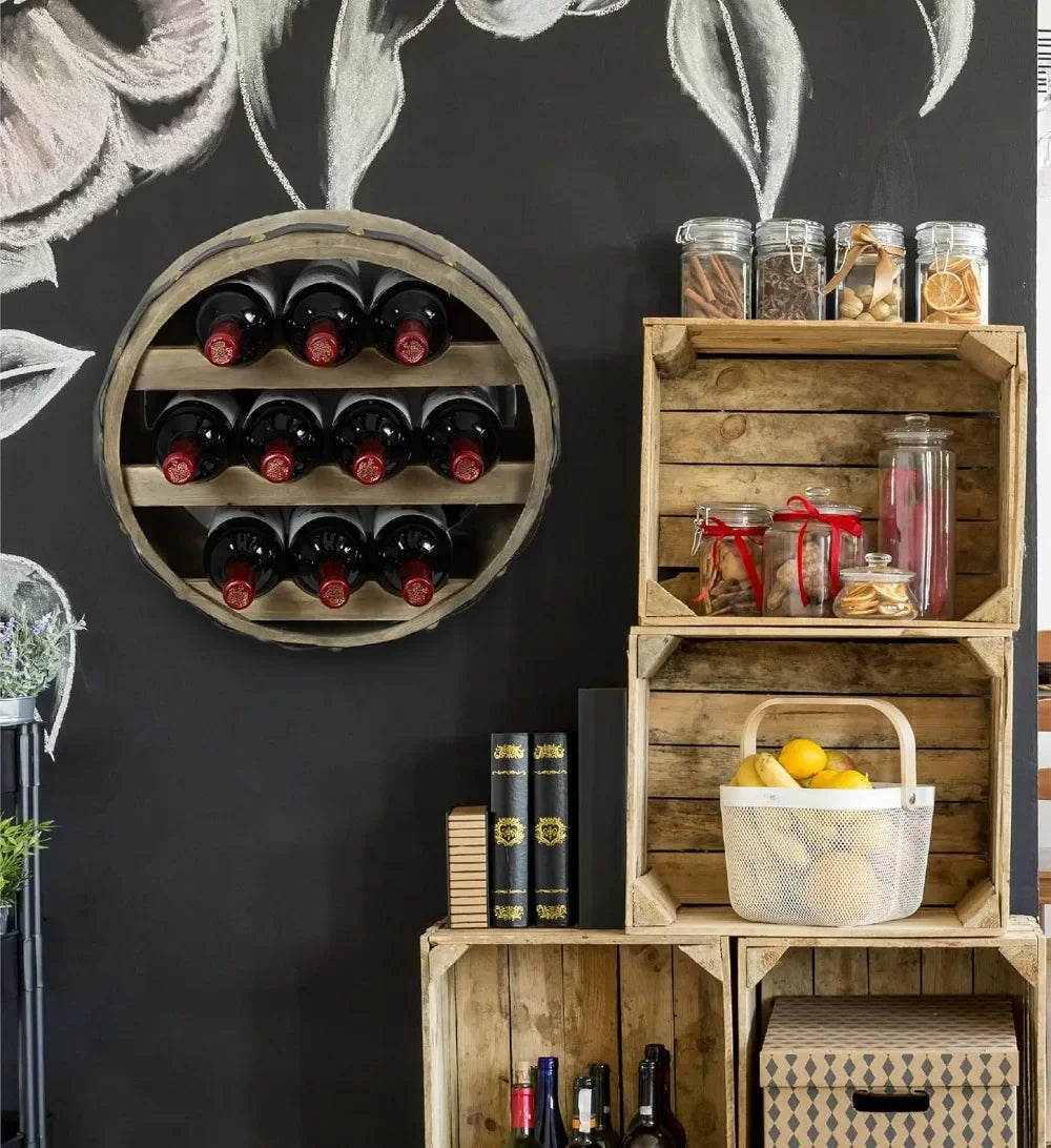 Wall Mounted Barrel Wine Rack for 10 Bottles, Natural Wood Industrial Wine Holder, Rustic Wine Storage Shelf for Kitchen Bar