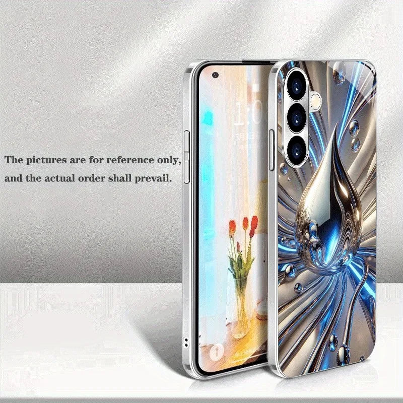 Blue Silver Fluid Drop Electroplated Silver Phone Case For Samsung Galaxy S26 S25 S24 S23 Ultra Plus FE Tempered Glass Cover