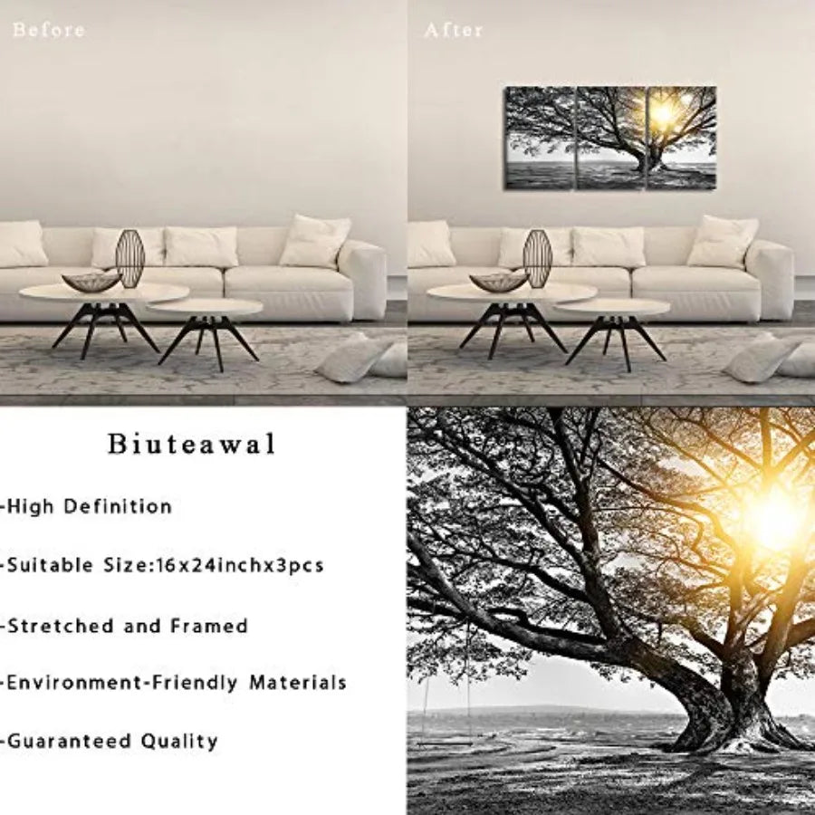 3 Piece Wall Art Black White Tree at Warm Sunrise Landscape Picture Photo Canvas Prints Nature Tree of Life Painting for Home O