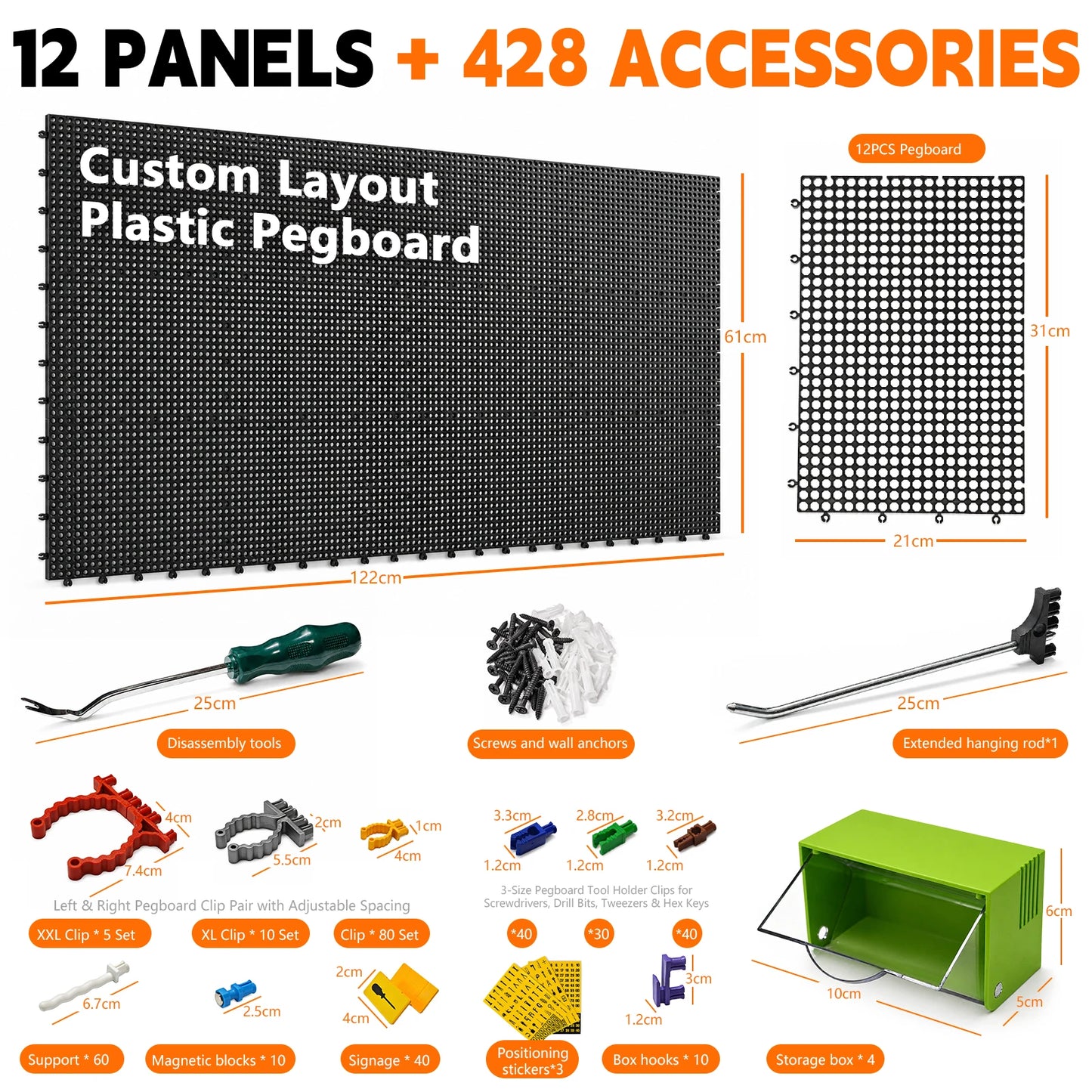 Plastic Pegboard Wall Organizer Kit, 12 Black Panels 121x 61cm,428 Accessories with Hooks, Clips, Modular Tool Storage Board for