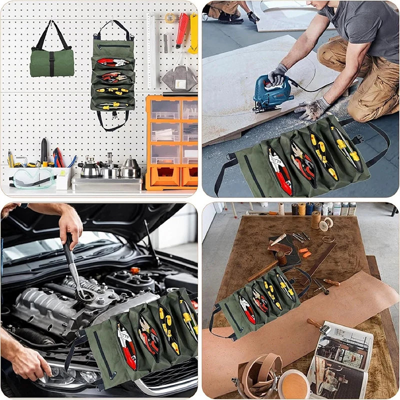 Tool Roll Organizer Heavy-Duty Roll-up Tool Bag Multi-purpose Canvas Tool Pouch Zipper Pockets Portable Storage Wrap Black/Green