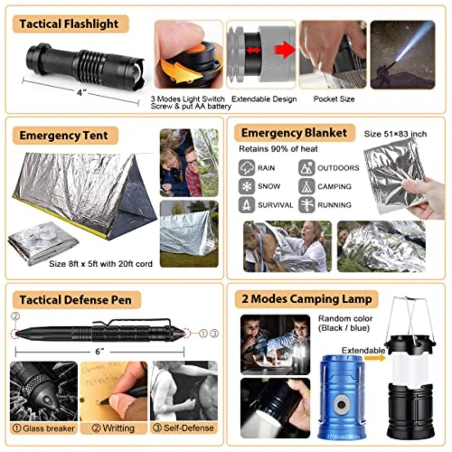 Survival Kit, 250Pcs Survival Gear First Aid Kit with Molle System Compatible Bag and Emergency Tent, Emergency Kit for Earthqu