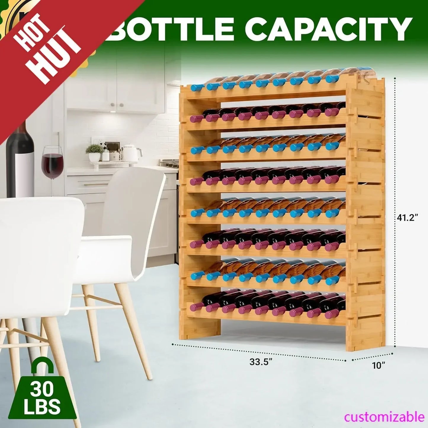 Stackable Wine Rack, 8-Tier 72 Bottle Capacity Wine Racks Free Standing Floor, No Tools Assembly Cellar 33.5" x 10" x 42"