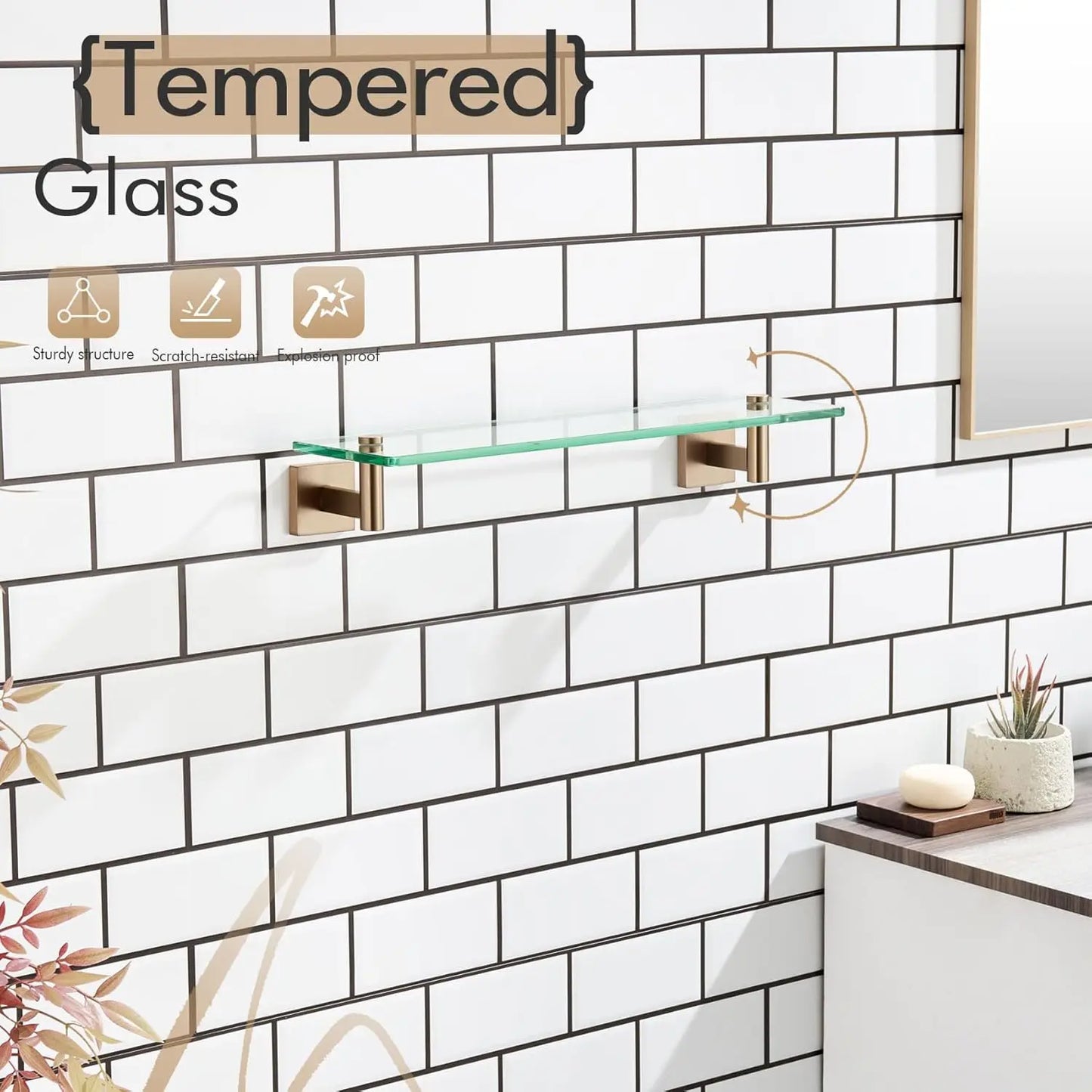 Tempered Glass Floating Shelf, Champagne Bronze, 20-Inch Wall Mounted Storage for Bathroom Decor, 2 Pack