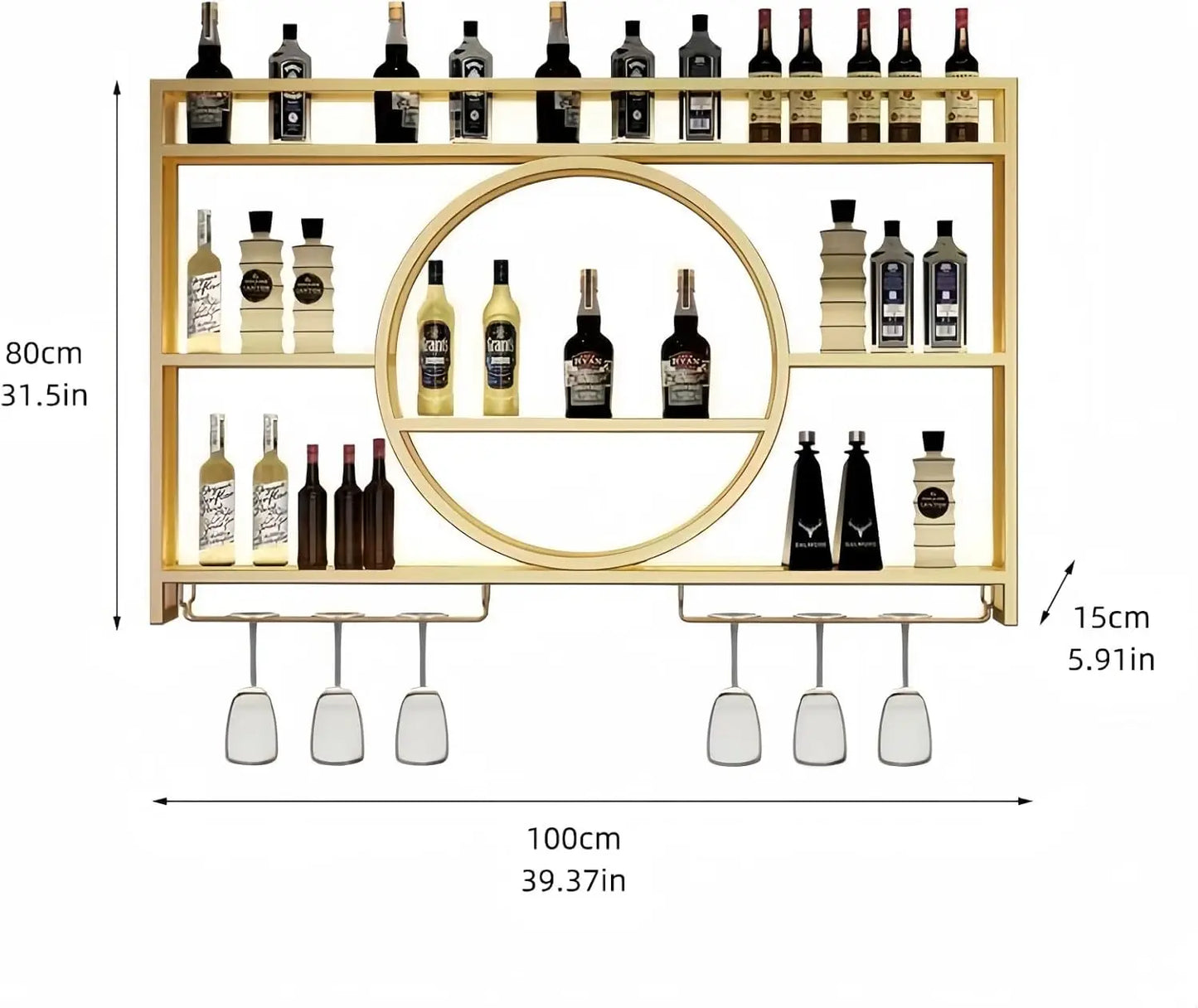 39 Inch Metal Wall Mounted Wine Rack, 3 Tier Bar Shelves with Glass Holder, Large Capacity Modern