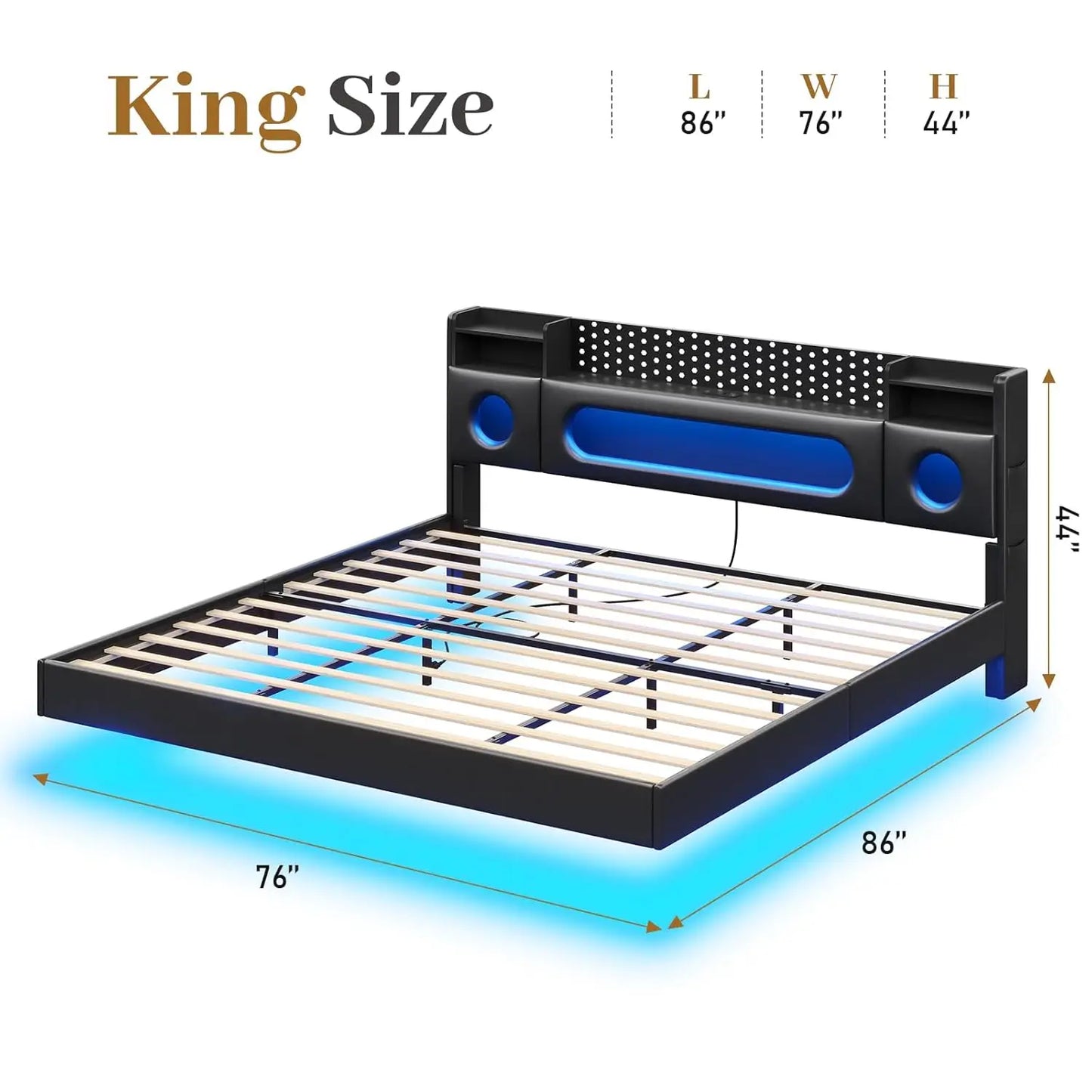 King Floating Bed Frame Storage Headboard LED Light Charging Station Bookcase No Box Spring Noise-Free Black, Customized
