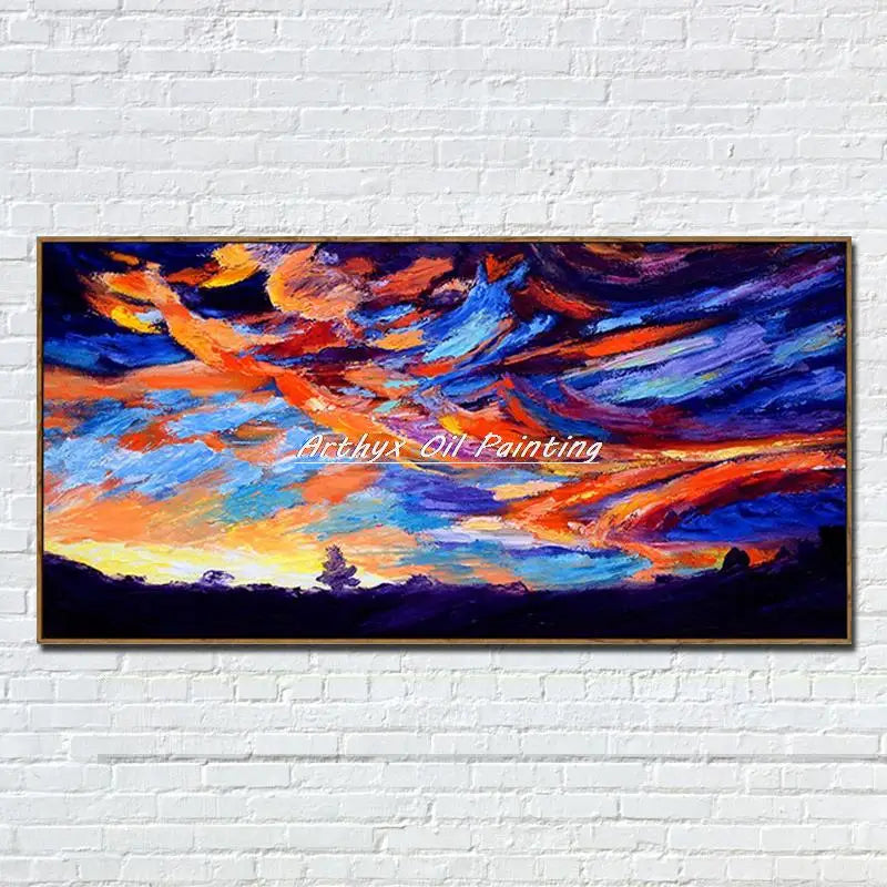 Arthyx,Handpainted Night Knife Oil Painting On Canvas,Wall Art,Modern Abstract Landscape Picture For Living Room Home Decoration