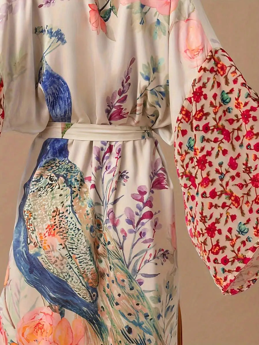 Womens Peacock Floral Print Long Sleeve Open Robe With Waist Belt Homewear