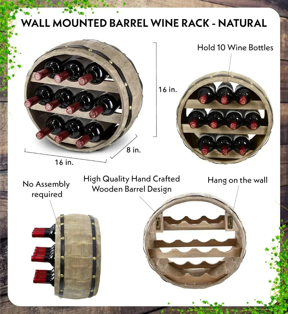 Wall Mounted Barrel Wine Rack for 10 Bottles, Natural Wood Industrial Wine Holder, Rustic Wine Storage Shelf for Kitchen Bar