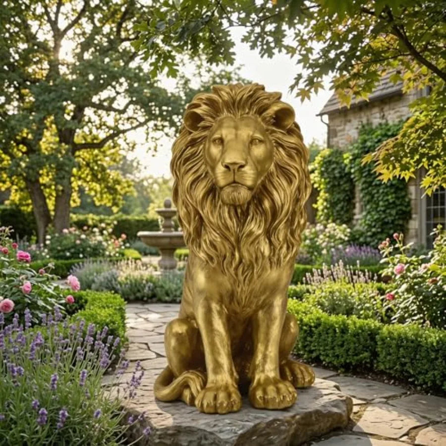 24" Majestic Lion Garden Statue - Regal Guardian Sculpture for Front Entry and Patio, Golden Resin Lion with Weighted Base for