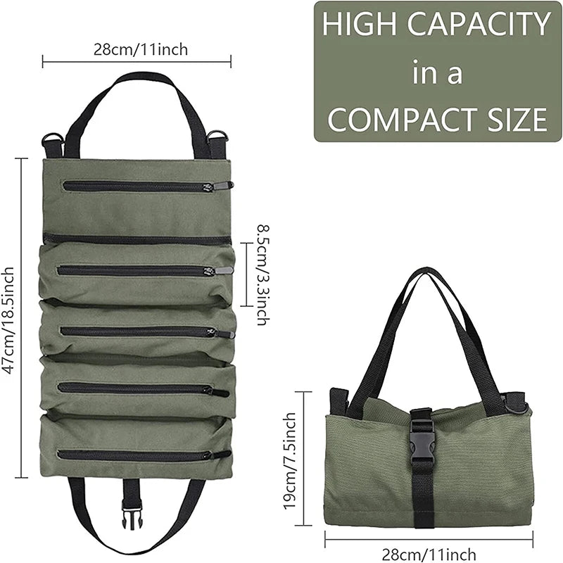 Tool Roll Organizer Heavy-Duty Roll-up Tool Bag Multi-purpose Canvas Tool Pouch Zipper Pockets Portable Storage Wrap Black/Green