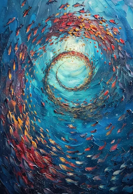 Abstract Large Blue School Of Fish Canvas Painting 3D Texture Underwater World Fish School Art Posters Prints Modern Home Decor