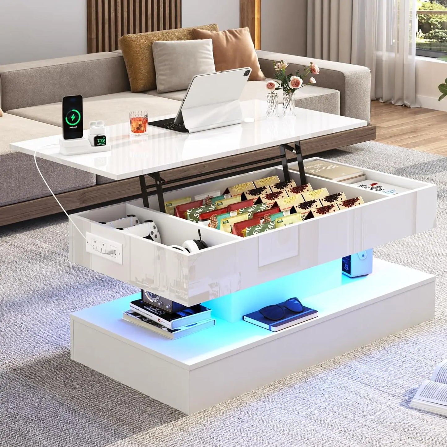 39.4" Large Lift Top Coffee Table,Modern High Glossy LED Coffee Tables for Living Room with Storage,Black Living Room Tables for