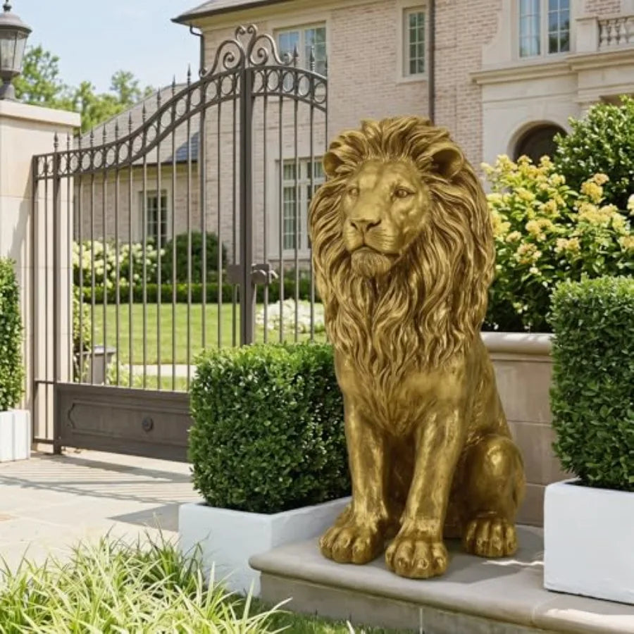 24" Majestic Lion Garden Statue - Regal Guardian Sculpture for Front Entry and Patio, Golden Resin Lion with Weighted Base for