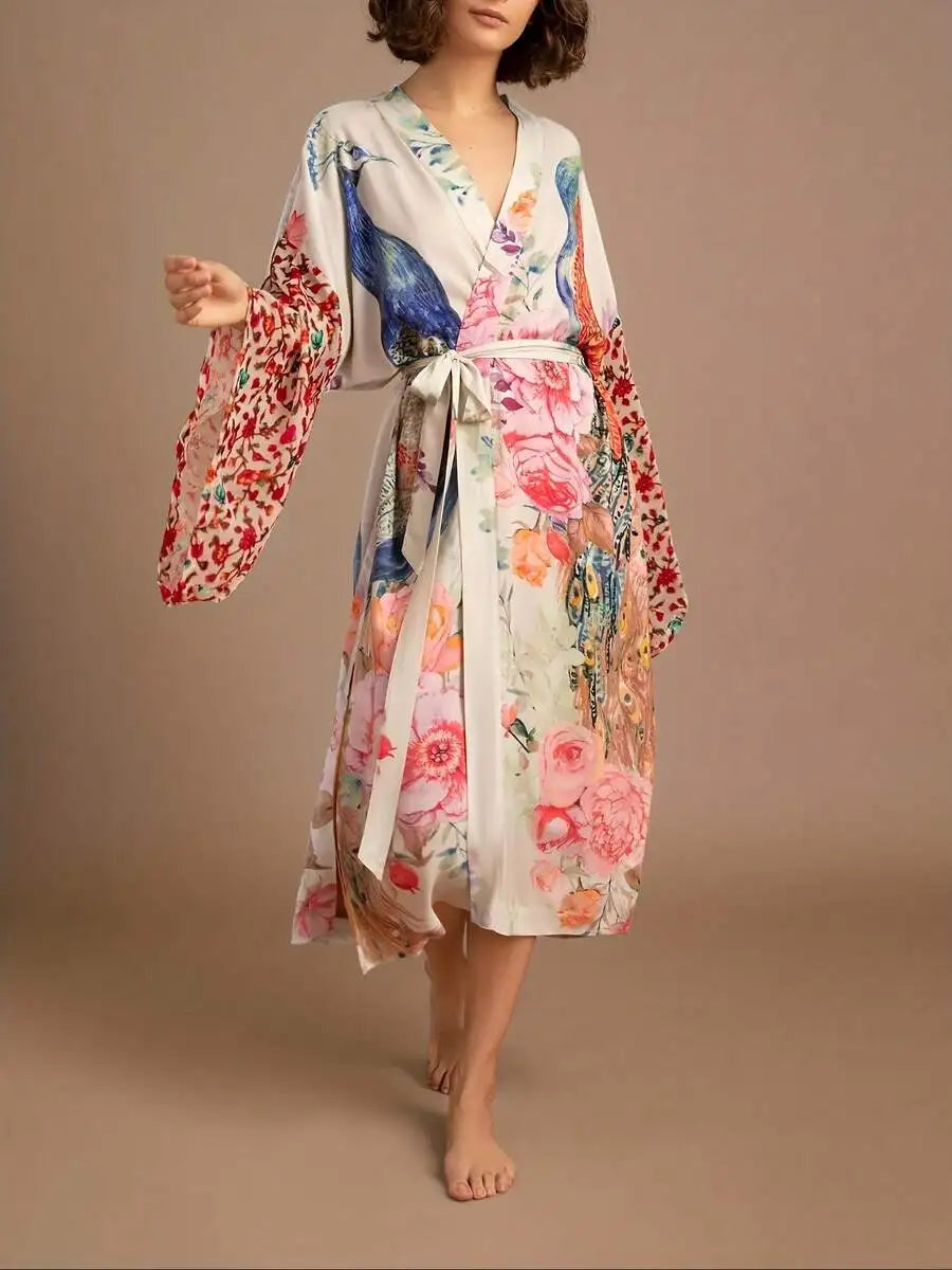 Womens Peacock Floral Print Long Sleeve Open Robe With Waist Belt Homewear