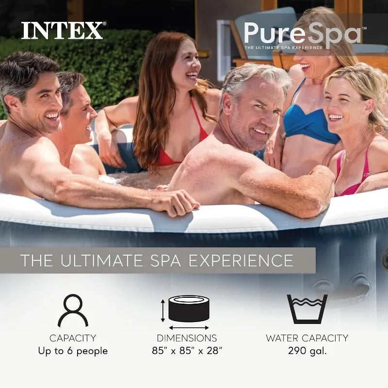 INTEX PureSpa Plus – 6‑person, bubble massage, energy‑smart, saltwater‑friendly. Your backyard getaway.